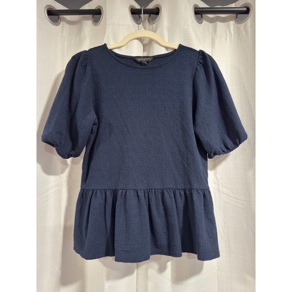 Banana Republic Navy Blue Puff Sleeve Peplum Top Textured Crepe Blouse‎ XS